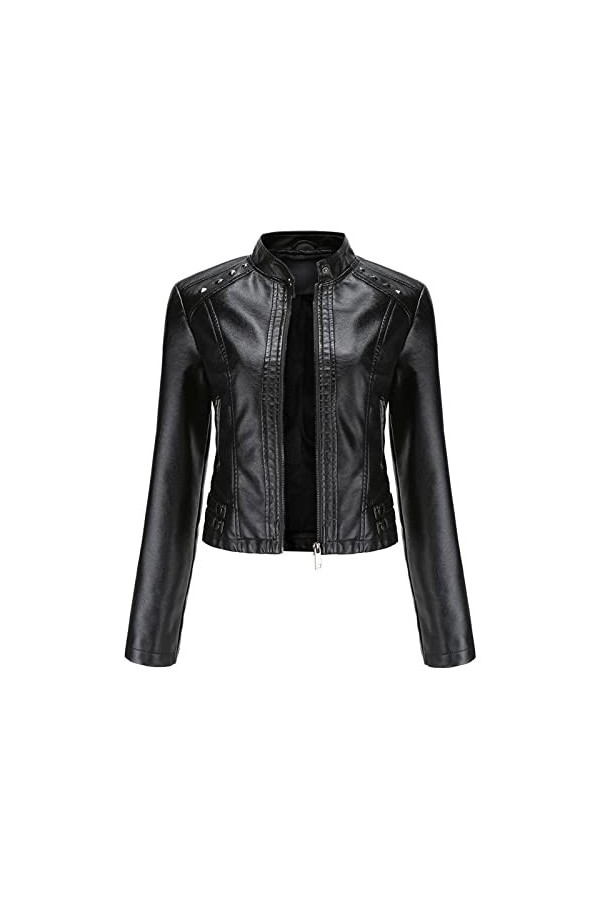 Mymyguoe Veste en cuir synthétique pour femme Crop Short Cropped PU Slim Zip Up Moto Biker Coat Veste de moto pour lautomne 