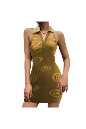 Robe Femme Ondulation de leau Imprimé Col Rabattu sans Manches Dos Nu Mini Robe dété Élégante Dames Robes-Lavande,M