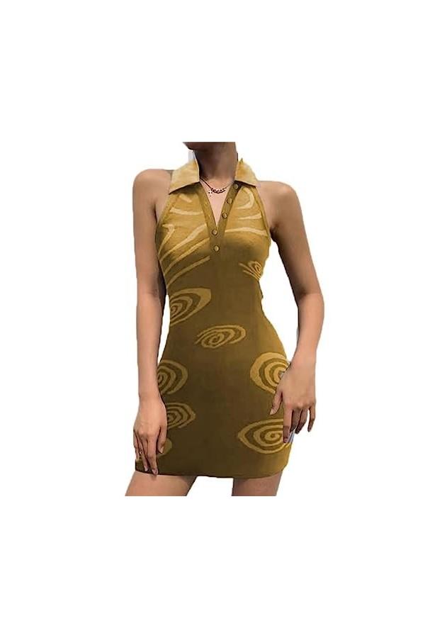 Robe Femme Ondulation de leau Imprimé Col Rabattu sans Manches Dos Nu Mini Robe dété Élégante Dames Robes-Lavande,M