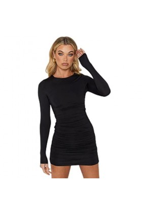 WEITING Mini robe dos nu à manches longues pour femme 2022 automne col rond lacé robe moulante sexy moulante - noir, XS