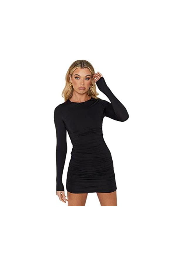WEITING Mini robe dos nu à manches longues pour femme 2022 automne col rond lacé robe moulante sexy moulante - noir, XS