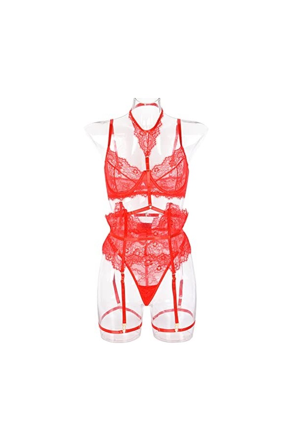 PRIOKNIKO Peignoirs Femme Lingerie Sexy En Dentelle Amovible Avec Chaîne En Métal Pour Femme,Noir 4,Xl