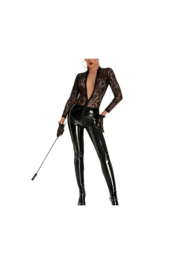 CRITOR Combinaison de Bodys Wetlook, Combinaison en PVC pour Femmes, Combinaison de Cosplay Brevet, Creux Avant, Noir de Femm
