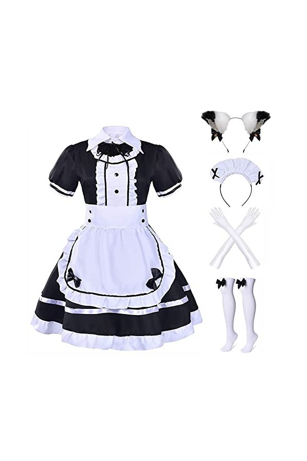 Alaiyaky Tenue de soubrette française pour femme, costume de costumade français 5 pièces pour femme comprenant des gants, cou