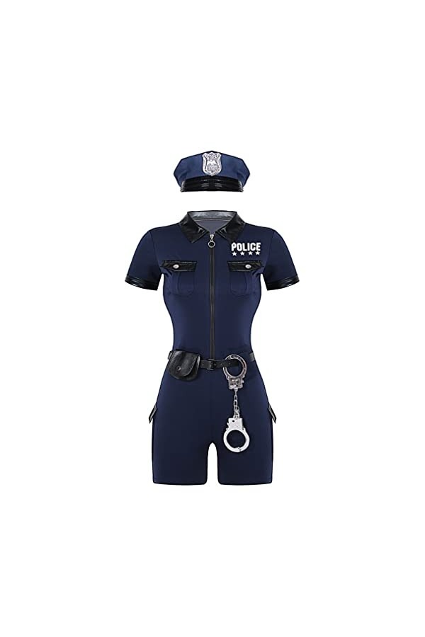 JEATHA Femme Tenue Police Sexy Déguisement Coquine Hot Police Uniforme Justaucorps Col V Profond Combinaison Dos Nu Sexy Ense