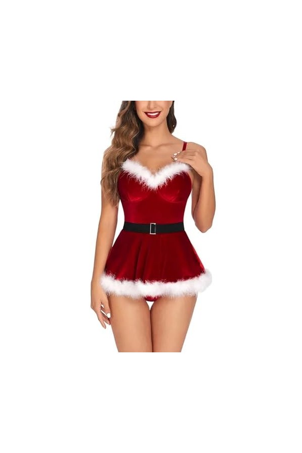 Ensemble de lingerie de Noël pour femme, sous-vêtements, bague, pyjama, porte-jarretelles, Wine-1, L