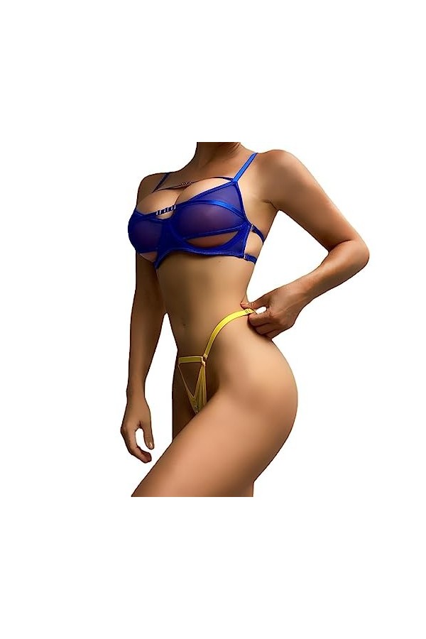 ZTIANEF CorsetSummer Lady Sex Fun Lingerie Sheer Contrast Steel Rim Webbing Set, Bleu Jaune, XL