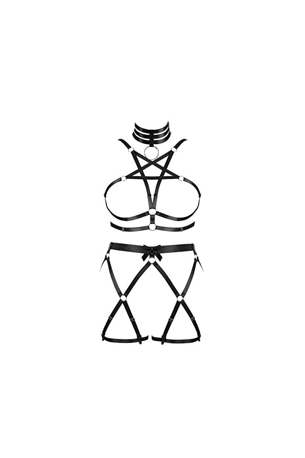 Femmes Body Harnais Pentagramme Soutien - Gorge Plus Taille élégant Corps Creux Cage Garter Set Punk Gothique Halloween Carna
