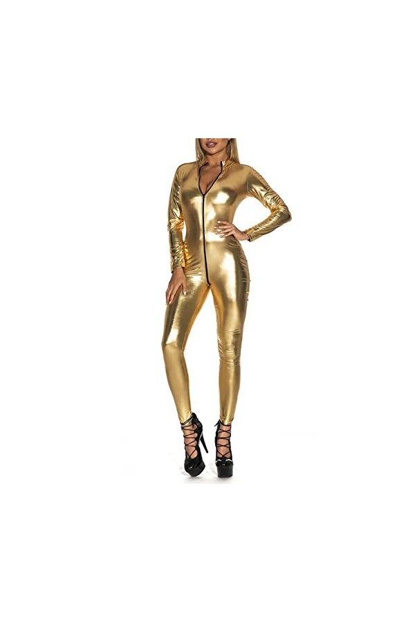 YUUMIN Sexy Lingerie Femms Combinaison Cuir Verni Wetlook Body Patchwork Top Dentelle Jumpsit Zippé Jumpsuit Collant Catsuit 