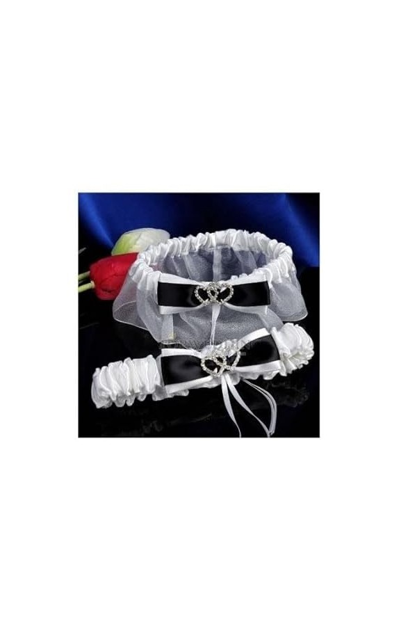 2 Jarretières mariage double coeur en strass organza blanc satin noir
