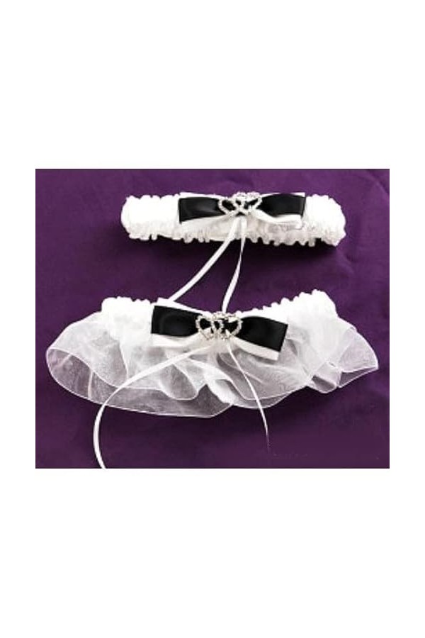 2 Jarretières mariage double coeur en strass organza blanc satin noir
