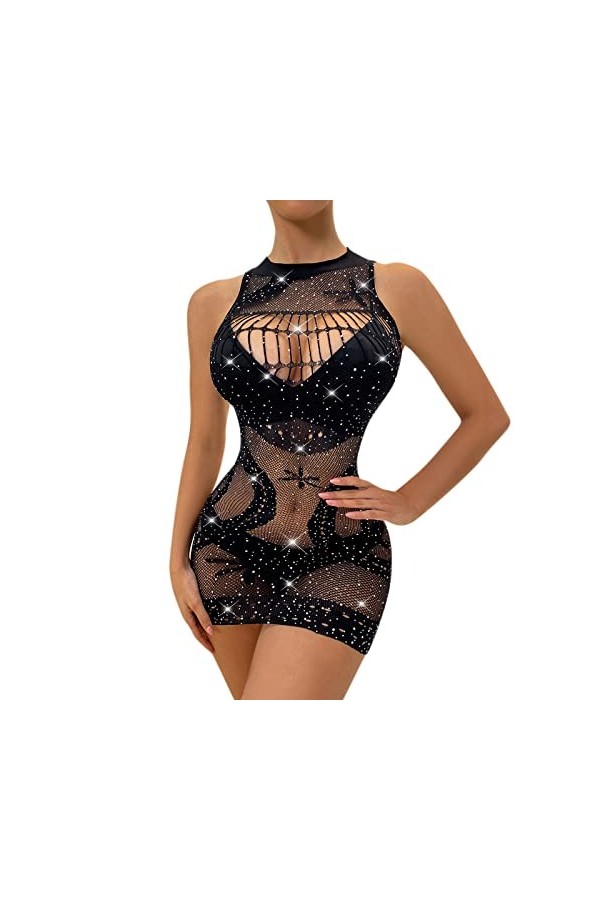 WDZOWU Lingerie Sexy Homme Robe pour Femme avec sous-Vêtements Sexy en Strass Brillants, Noir, Taille Unique