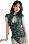 YYAN Sexy Lingerie Femme sous-Vêtements Sexy Paon Broderie Dentelle Cheongsam Uniforme Temptation Transparent Pyjama Costume 