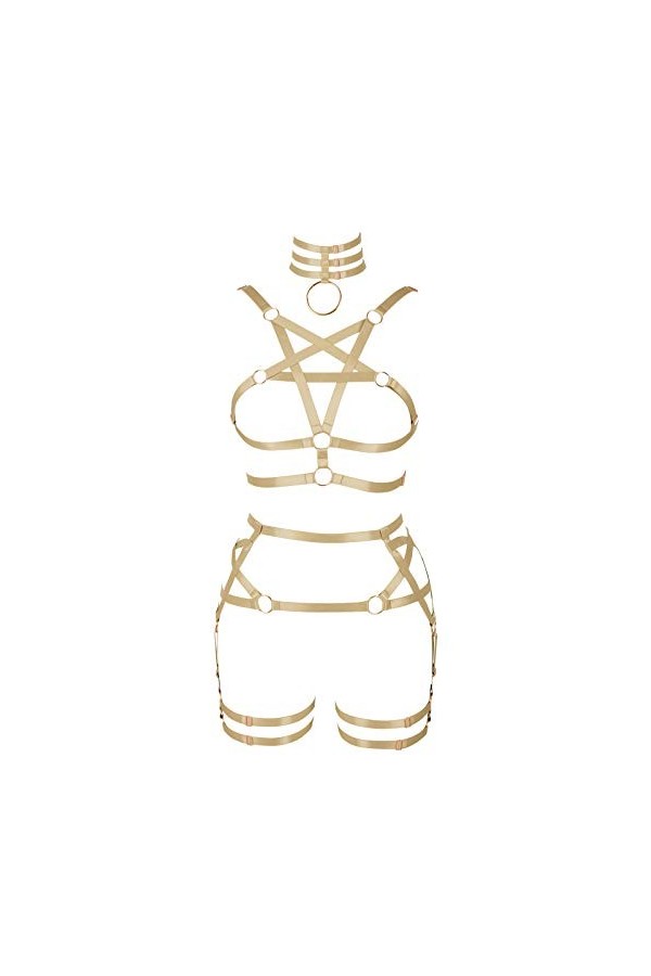 Harnais Complet pour Femmes Lingerie Punk à Bretelles Soutien-Gorge Creux et Porte-Jarretelles pour Jambes Ensemble Harajuku 