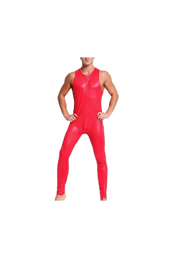 HYQPAI Combinaison culotte en cuir verni pour hommes Collants extensibles Jumpsuits Une pièce Fermeture à glissière sur le de