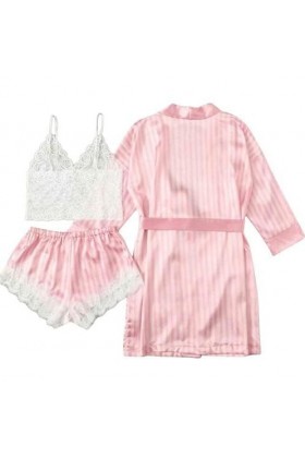 VERLAS Chemise De Nuit Sexy Sexy Femmes Pyjama Satin Ensemble De 4 Pièces Dentelle Soie Bretelles Tops Shorts Robes Pyjama En