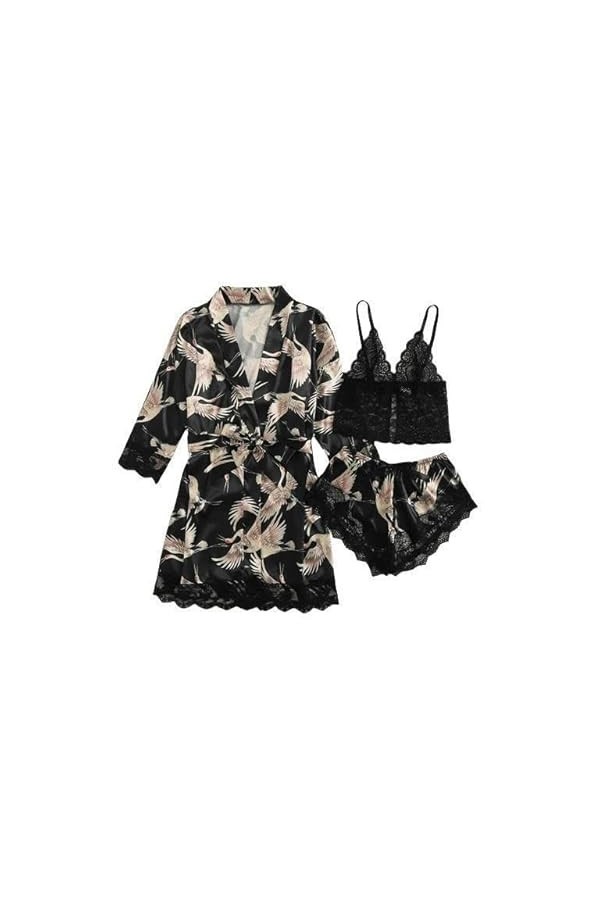 VERLAS Chemise De Nuit Sexy Sexy Femmes Pyjama Satin Ensemble De 4 Pièces Dentelle Soie Bretelles Tops Shorts Robes Pyjama En