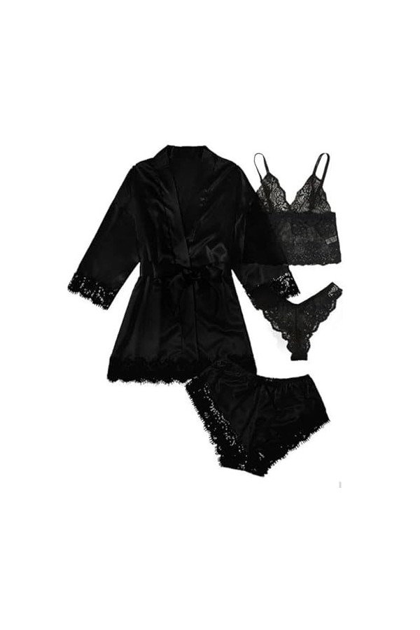 VERLAS Chemise De Nuit Sexy Sexy Femmes Pyjama Satin Ensemble De 4 Pièces Dentelle Soie Bretelles Tops Shorts Robes Pyjama En