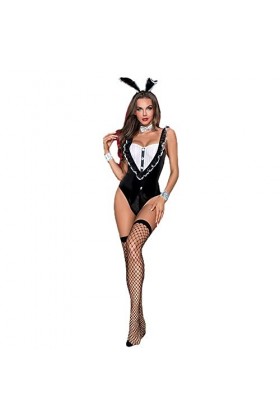 BaronHong Ensemble de 5 pièces sexy en cuir PU pour femme avec oreilles de lapin noir, taille M 