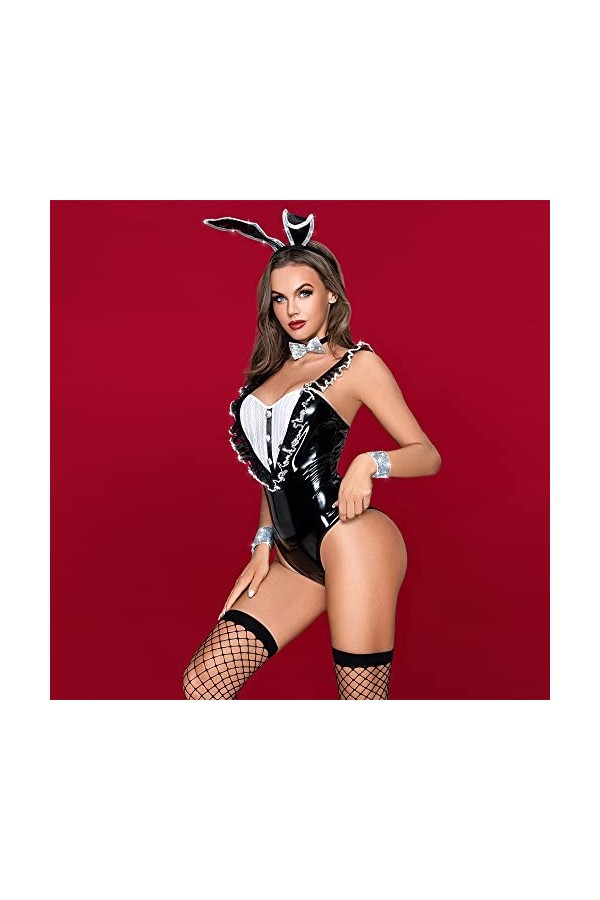 BaronHong Ensemble de 5 pièces sexy en cuir PU pour femme avec oreilles de lapin noir, taille M 