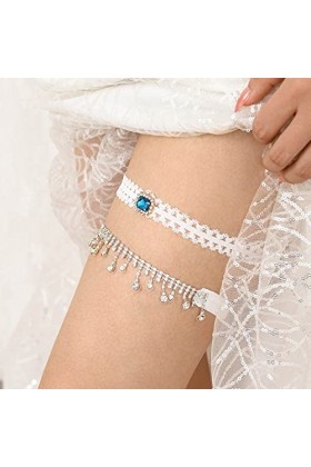 IYOU Blanc Mariage Jarretière Ceinture Brillant Strass Pendentif Jarretière Fête Bal de Promo De Mariée Dentelle Jarretière B