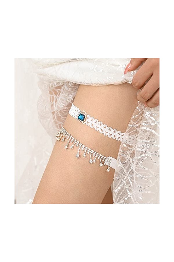 IYOU Blanc Mariage Jarretière Ceinture Brillant Strass Pendentif Jarretière Fête Bal de Promo De Mariée Dentelle Jarretière B
