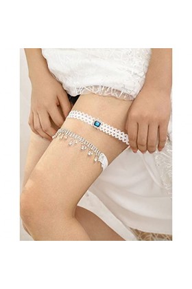 IYOU Blanc Mariage Jarretière Ceinture Brillant Strass Pendentif Jarretière Fête Bal de Promo De Mariée Dentelle Jarretière B