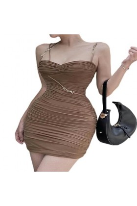 Robe Mince Plissée Mince Sexy Version Coréenne De Base Couleur Solide sans Manches sans Manche-Auburn-S