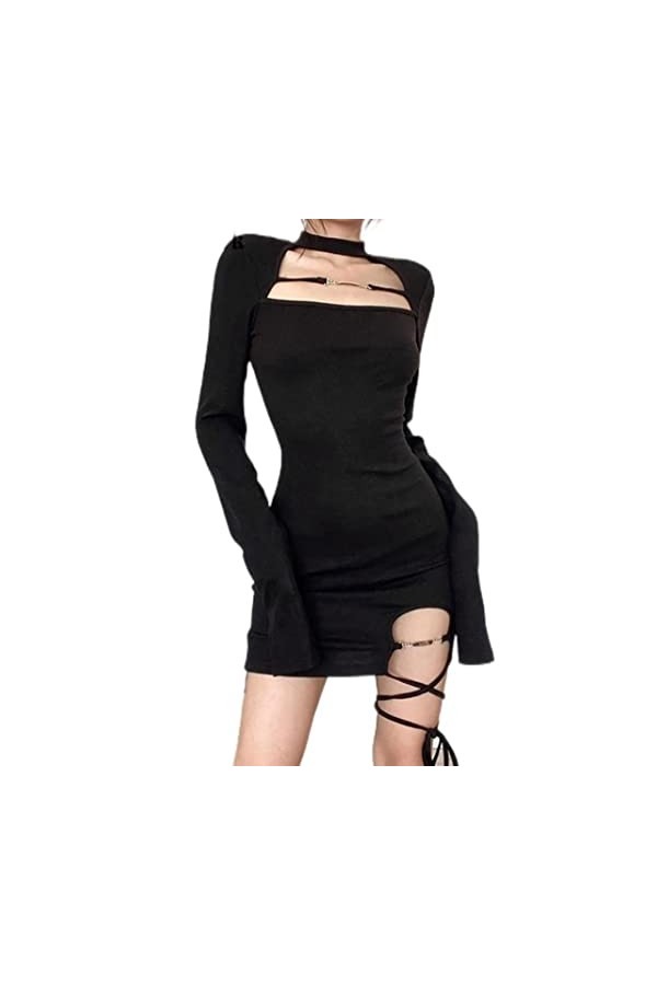 WEITING Mini robe sexy à manches longues ajourées pour femme - Style gothique - Noir - Taille M