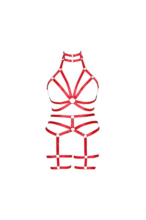 MAMOHSS Ensemble harnais de jambe pour femme, soutien-gorge de cage, lingerie sexy, ceinture élastique rouge, porte-jarretell