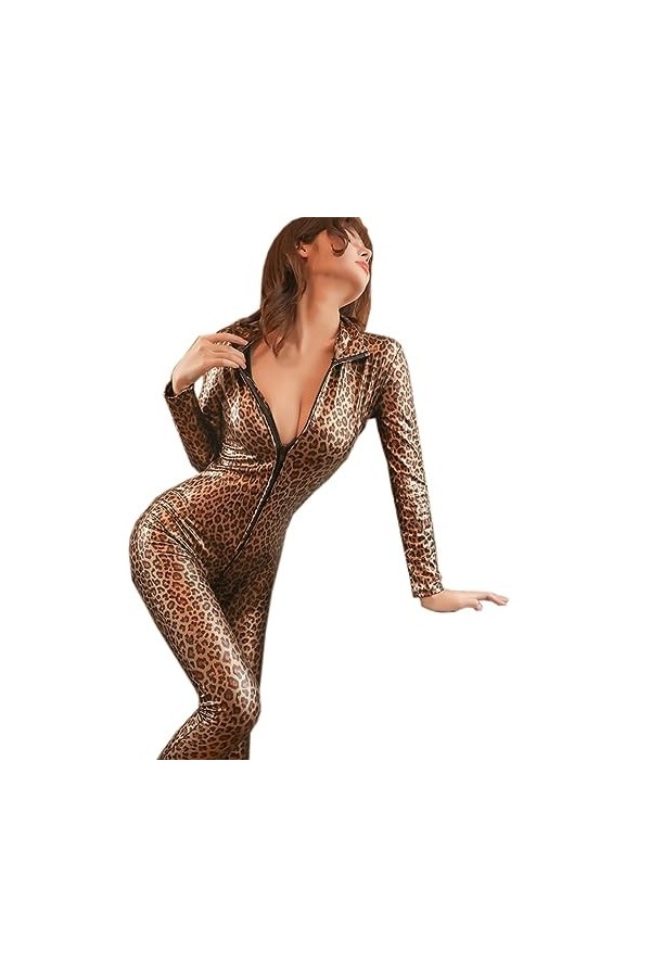 DCIUSTFHE Femmes Sexy Cuir Verni Motard Combinaisons Chaîne Manches Longues Collants Bodysuits Boîte De Nuit Barres DS Scène 