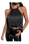 GORGLITTER Top court à franges pour femme - Dos nu - Sexy - À franges - Pour festival, Noir , S