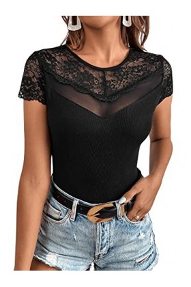 GORGLITTER Haut en dentelle pour femme avec maille - Avec dentelle - Noir - Sexy - Col en maille côtelée, Noir , XS
