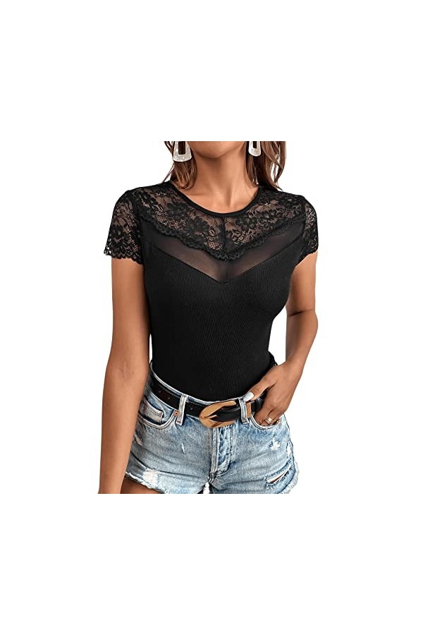 GORGLITTER Haut en dentelle pour femme avec maille - Avec dentelle - Noir - Sexy - Col en maille côtelée, Noir , XS
