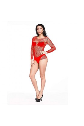 Lingerie Sexy en résille Grande Taille pour Femmes en Maille à Manches Longues Body élégant séduisant Underwe Rouge Taille U