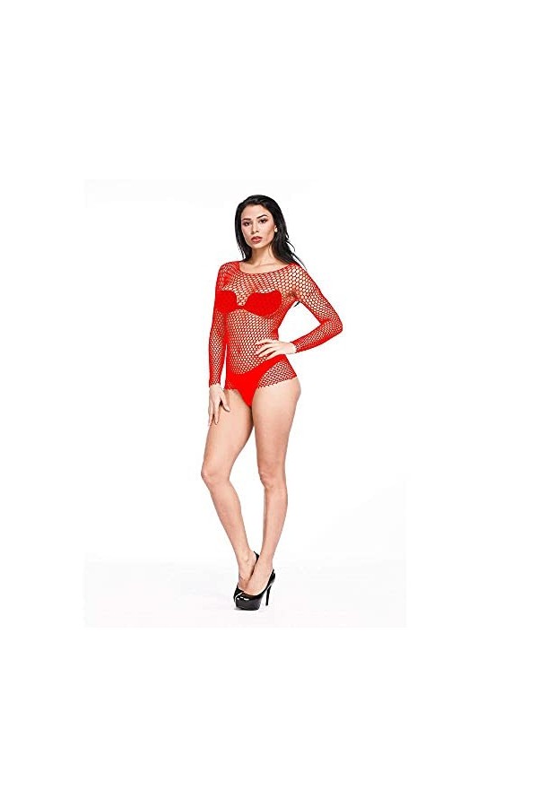 Lingerie Sexy en résille Grande Taille pour Femmes en Maille à Manches Longues Body élégant séduisant Underwe Rouge Taille U