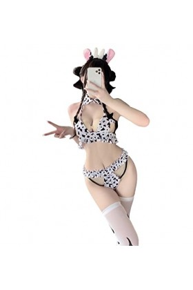Lingerie sexy vache pour femme - Costume de cosplay - Bikini Kawaii - Tenue de soubrette Lolita - Ensemble soutien-gorge et c