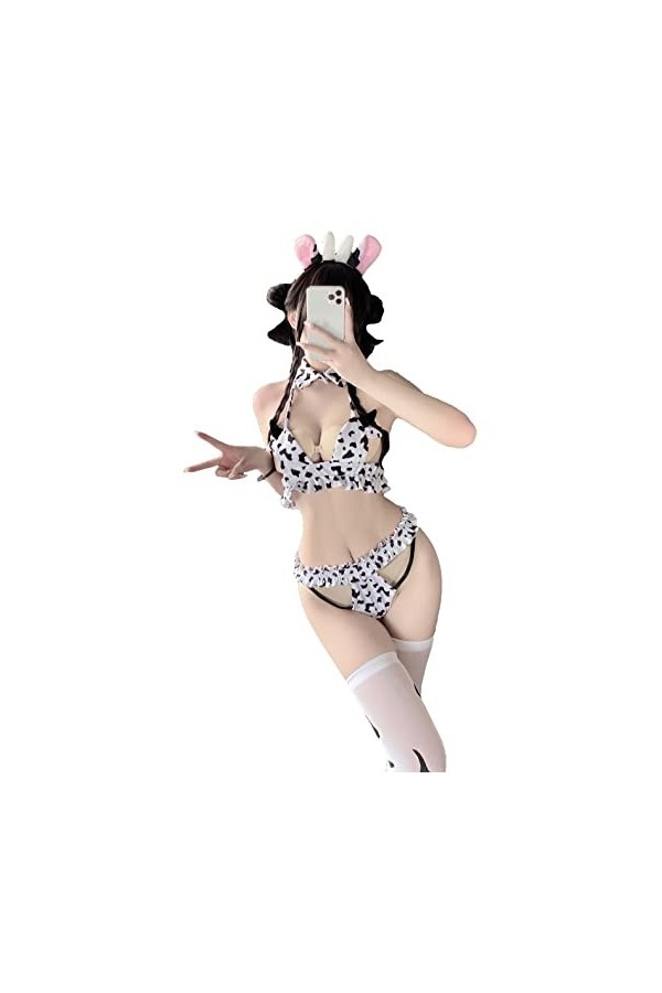 Lingerie sexy vache pour femme - Costume de cosplay - Bikini Kawaii - Tenue de soubrette Lolita - Ensemble soutien-gorge et c