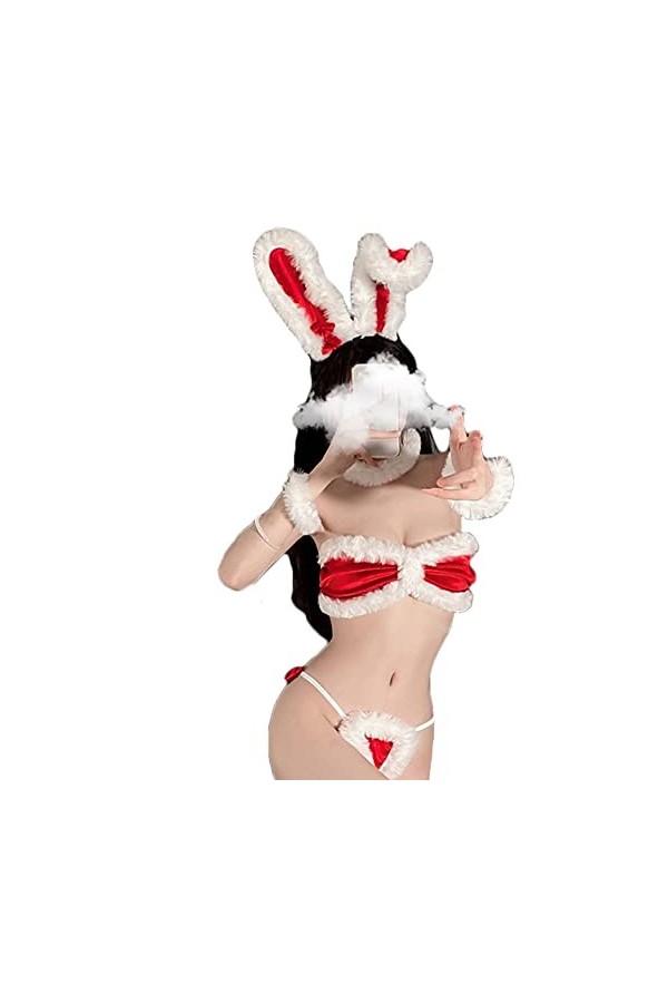 Ensemble de lingerie sexy de Noël en forme de lapin - Costume de soubrette de Père Noël - Bikini - Ensemble soutien-gorge et 