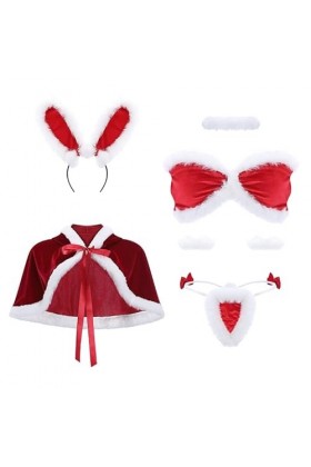 Ensemble de lingerie sexy de Noël en forme de lapin - Costume de soubrette de Père Noël - Bikini - Ensemble soutien-gorge et 