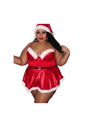 JasmyGirls Robe de Noël sexy grande taille - Costume de Père Noël - Costume de Mère Claus - Nuisette rouge - Col en V, Rouge,