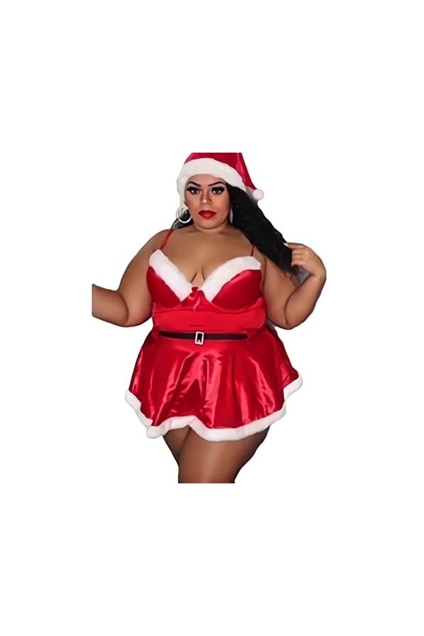 JasmyGirls Robe de Noël sexy grande taille - Costume de Père Noël - Costume de Mère Claus - Nuisette rouge - Col en V, Rouge,