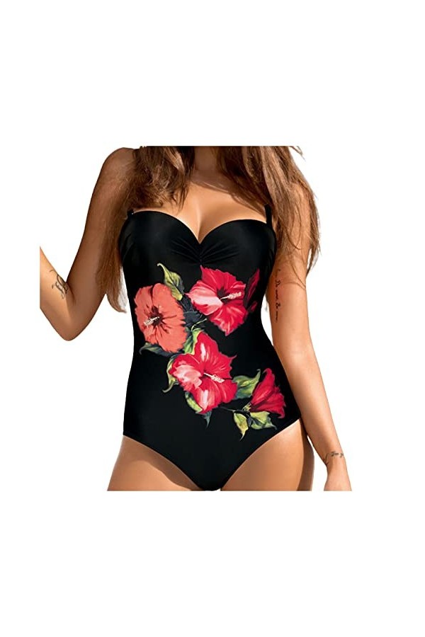 HZYDD Maillot de Bain pour Femme contrôle du Ventre Taille Haute Push up Une pièce Maillot de Bain Fleurs imprimé Bikini pour