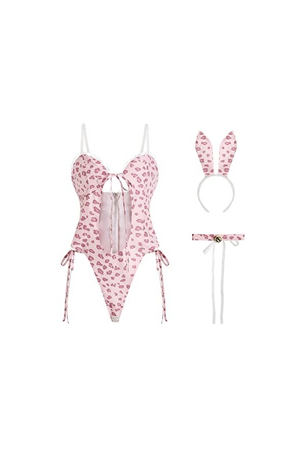 JasmyGirls Costume de lapin sexy motif léopard cosplay lingerie coquine Kawaii Anime Maid jeu de rôle tenue lapin évider body