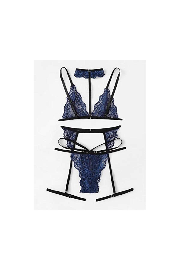 MLLM Vêtements de nuit en dentelle avec bretelles, perspective sexy à trois points, sous-vêtements tentant en dentelle bleu_S