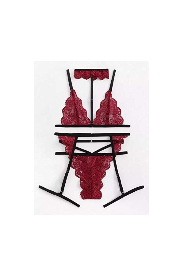 MLLM Vêtements de nuit en dentelle avec bretelles, perspective sexy à trois points, sous-vêtements tentant en dentelle bleu_S