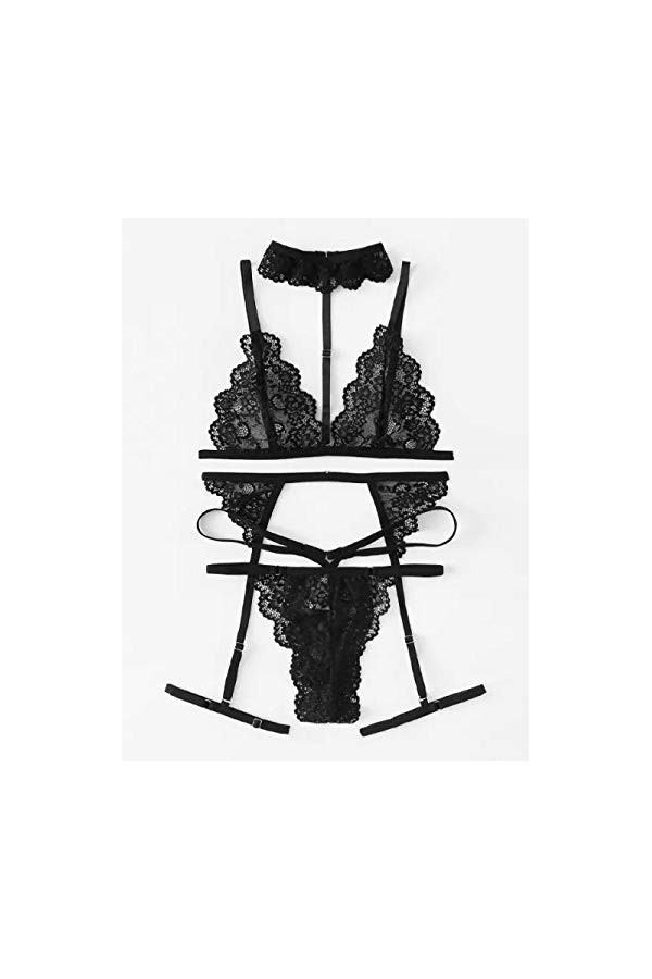 MLLM Vêtements de nuit en dentelle avec bretelles, perspective sexy à trois points, sous-vêtements tentant en dentelle bleu_S