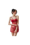 JUGUU Lingerie Sexy Érotique Chemise De Nuit Fleur Coeur Pêche Pyjama Perspective Tentation Creuse-Rouge_Taille Unique