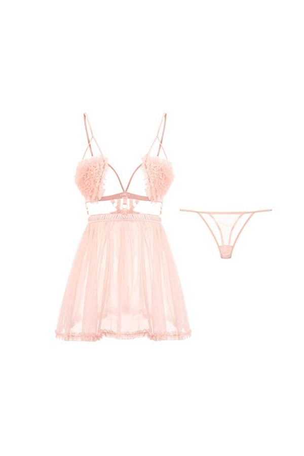 JUGUU Lingerie Sexy Érotique Chemise De Nuit Fleur Coeur Pêche Pyjama Perspective Tentation Creuse-Rouge_Taille Unique