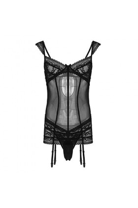 YINGJUN-DRESS Costumes de Fantaisie pour Hommes Lingerie Set Floral Lace jarretières Mini Robe Masculine avec G-String sous N